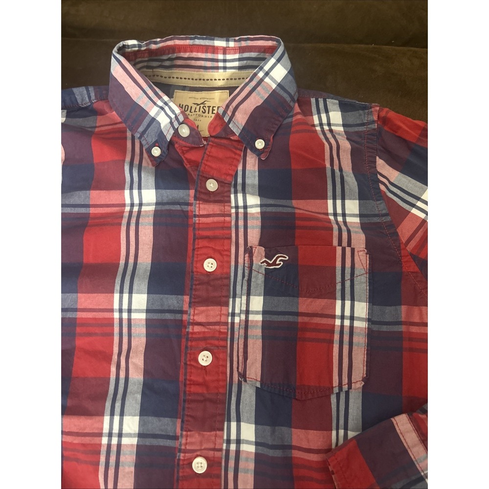 Hollister Mens M Shirt Blue & Red Plaid Shirt Long Sleeve Button Up M Casual